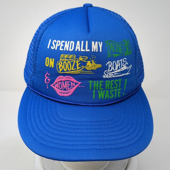 I Spend All My Money On Booze Snapback Rope Trucker Hat Blue One Size - Picture 2 of 9